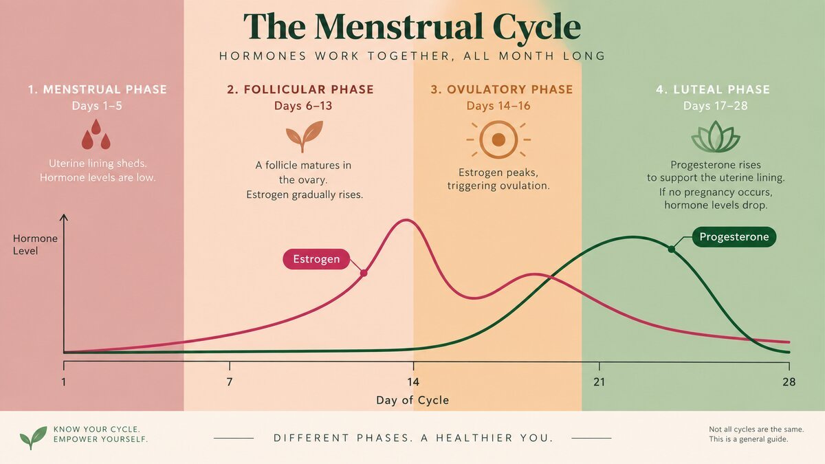 The four phases of the menstrual cycle, with estrogen and progesterone levels charted across the month