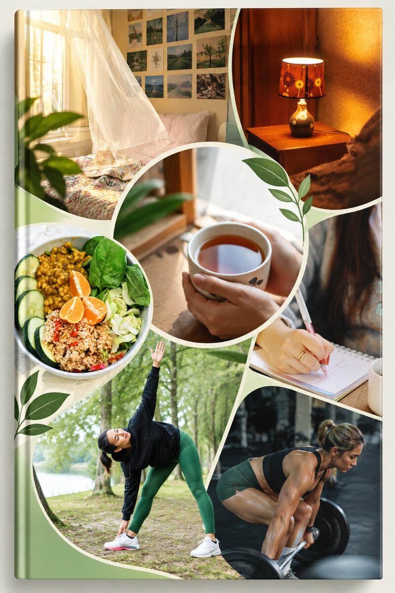 Collage of everyday wellness moments — morning light, tea, journaling, movement and food