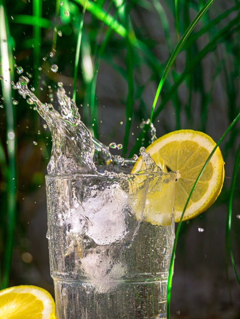 A glass of water with ice and a lemon slice, with a splash